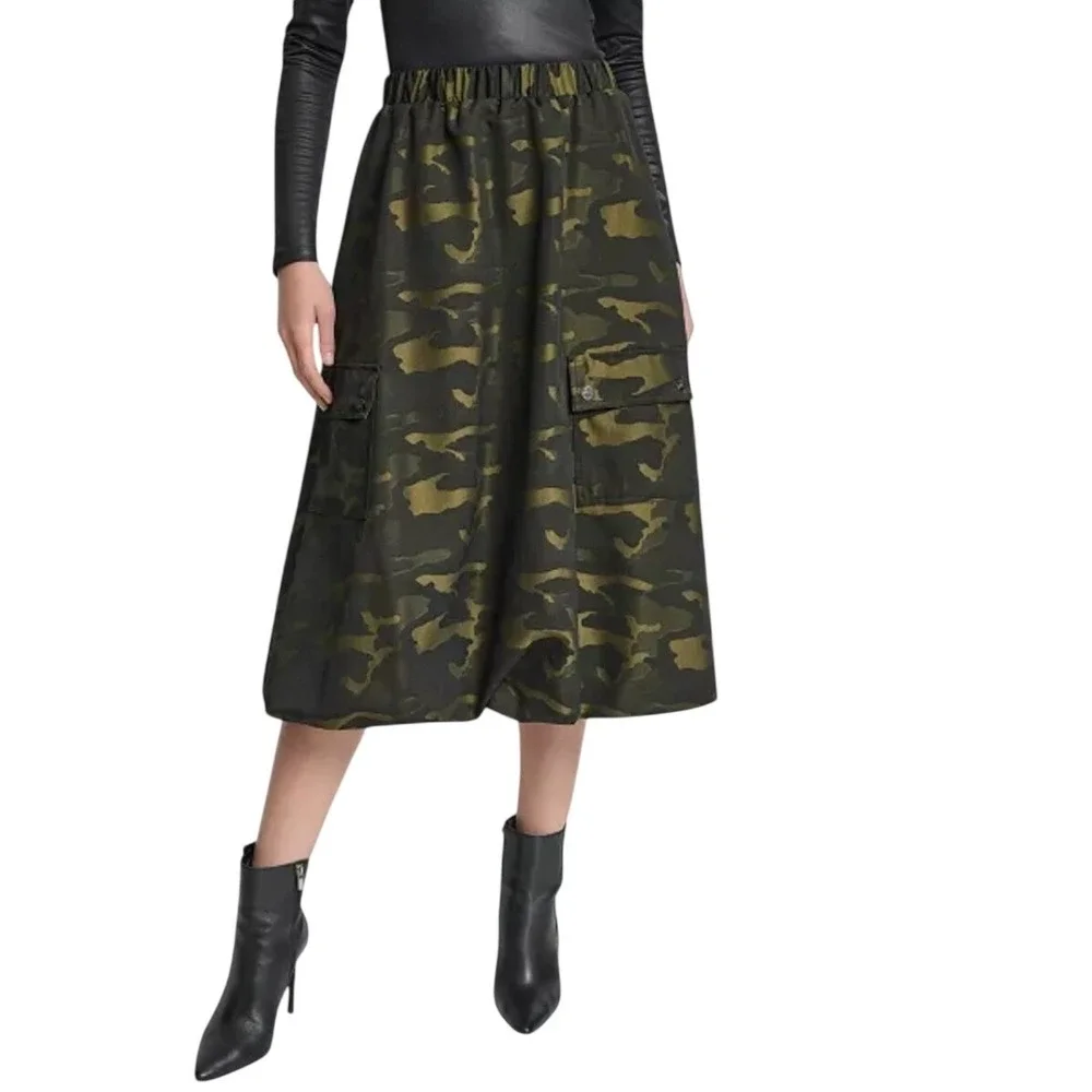 DKNY Camo Print Jacquard Bubble Midi Skirt Medium Green Olive Cargo Pockets